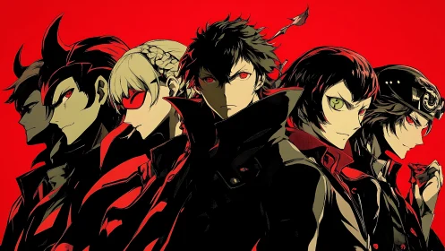 Bold anime heroes line up in striking red and black style