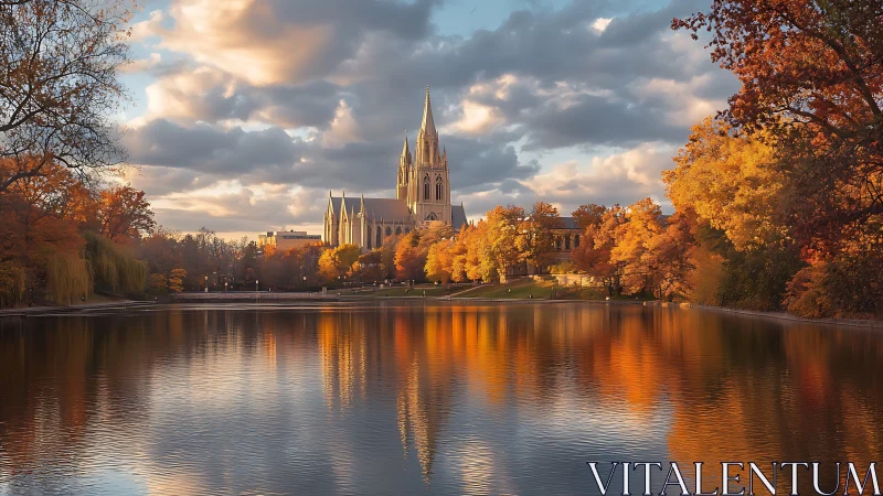 Gothic-style cathedral beyond lake with autumn tree line.