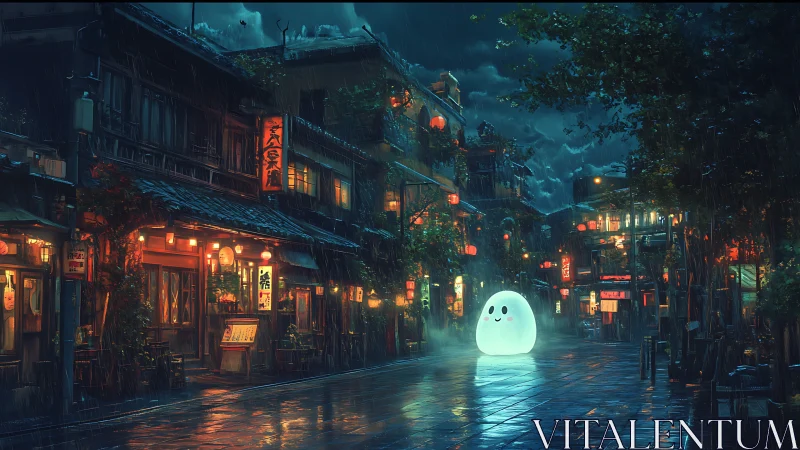 Moonlit ghost egg smiles through neon rain in old town
