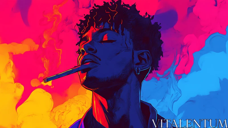 Neon-lit portrait isolates smoking figure in intense duotone glow