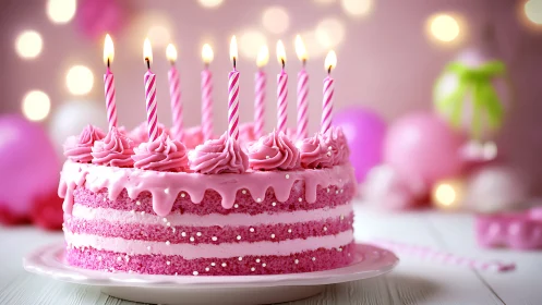 Layered Pink Birthday Cake with Spiral Candles and Bokeh Lighting.