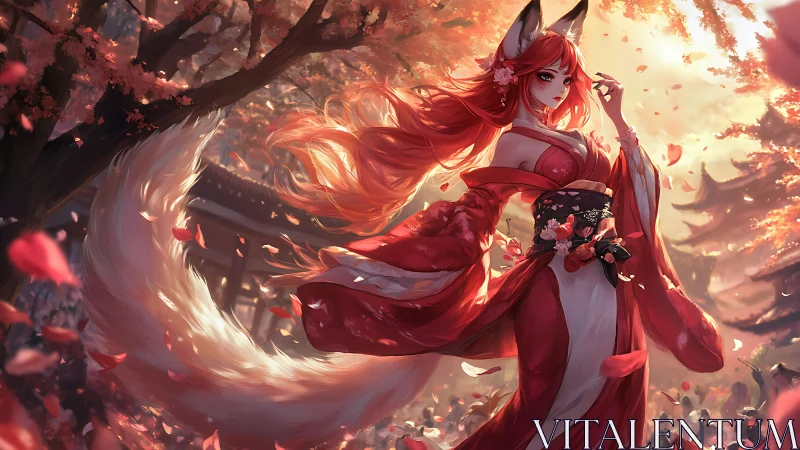 Fox-eared spirit in scarlet kimono amid falling blossoms.