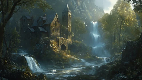 Stone riverside abbey stands beside tiered forest waterfalls
