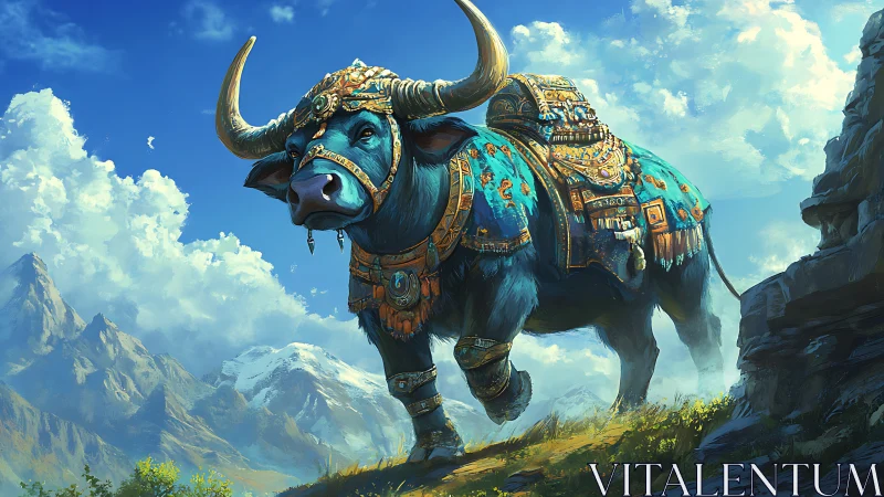 Armored cerulean buffalo with ornate tack in alpine sunlight.