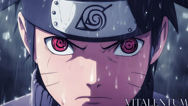 Intense anime ninja close-up in heavy falling rain.