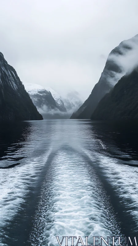 Boat wake cuts through misty fjord under brooding winter sky