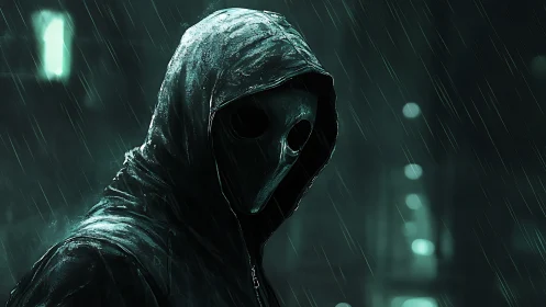 Hooded plague mask figure in cyan rain-soaked neon alley.