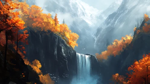 Autumn alpine gorge with central waterfall and misted snow peaks