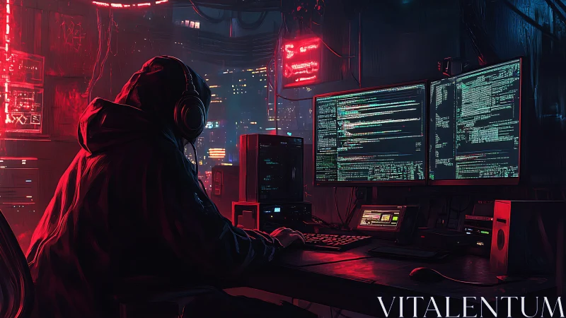 Hooded hacker writes code in neon cyberpunk workstation