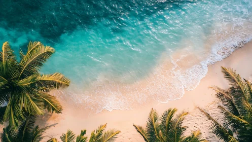 Tropical Beach Aerial View with Crystalline Waters and Palm Fringes.