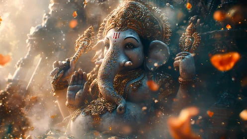 Radiant Ganesha idol glowing in swirling golden petals.