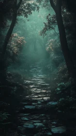 Enchanted Forest Stream Bathed in Ethereal Emerald Light
