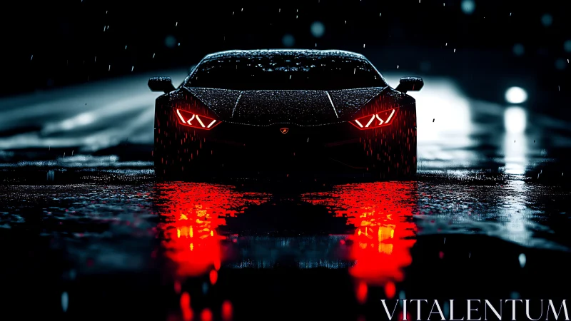 Midnight supercar waits in the rain with glowing red light.