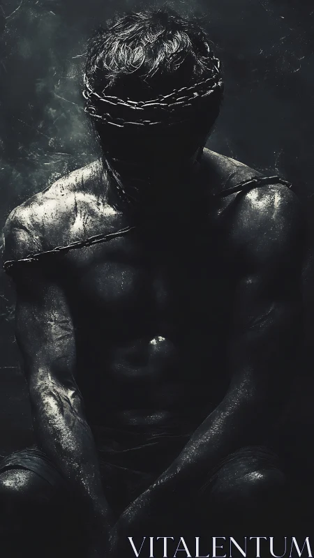 Shackled figure in chiaroscuro shadows, bound and obscured.