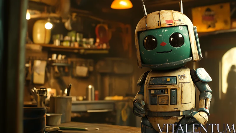 Cute retro robot stands in a cozy, cluttered workshop scene