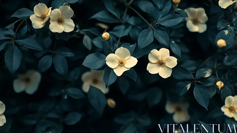 Cream blossoms emerge from deep teal foliage in soft focus