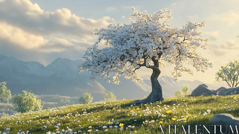 Photorealistic alpine blossom tree in luminous spring meadow.