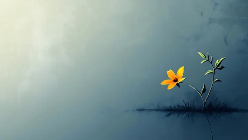 Yellow Flower Growing Against Atmospheric Blue Gradient.