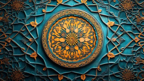 Intricate turquoise relief with gilded radial floral mandala medallion