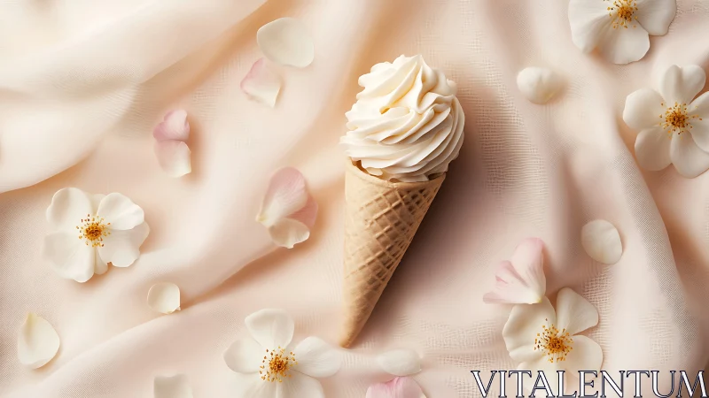Vanilla ice cream cone rests among soft blush petals.
