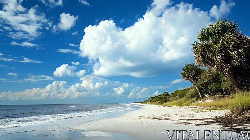 Subtropical Coastal Beach with Palmetto Vegetation and Cumulus Cloud Formation