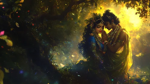 Radiant lovers enveloped in golden luminescence and ethereal woodland glow
