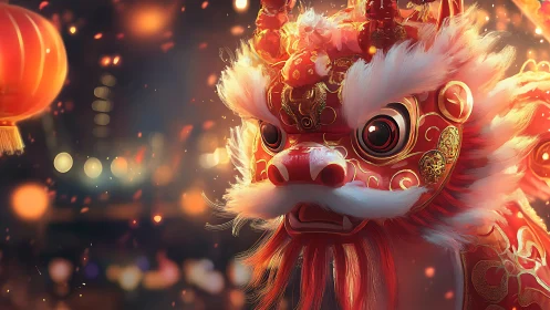 Vibrant Chinese dragon head glows in festive lantern light