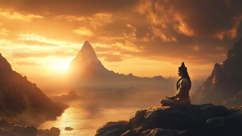 Meditating deity greets a golden mountain sunrise in silence