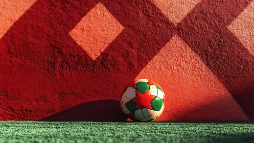 Sunlit street football waits beneath bold red shadows.