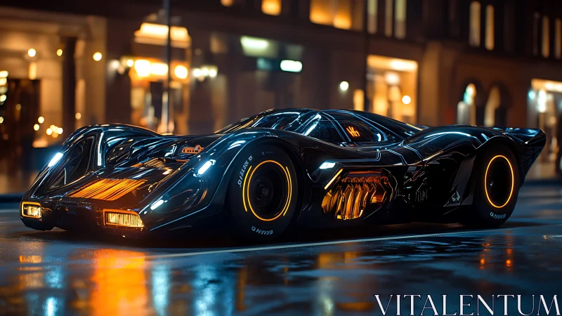 Futuristic black supercar parked on wet city street at night.