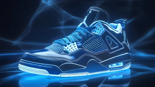 Futuristic Sports Sneaker in Neon Blue Digital Illustration Style.