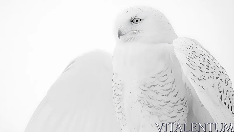 Majestic snowy owl portrait in minimalist high-key style.