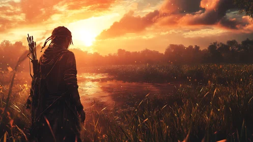 Sunset wanderer pausing by a glowing wild riverside path.