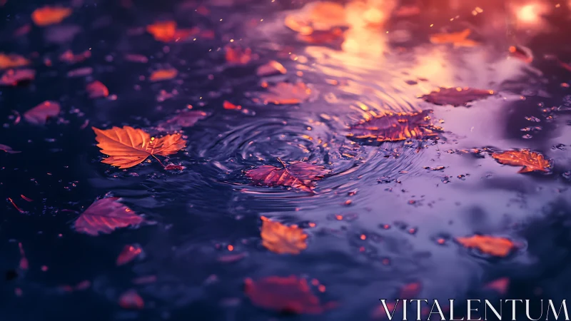Autumn leaves swirl across glowing twilight rain puddles.