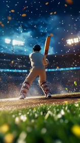 Cricket batsman under stadium floodlights at impact moment.