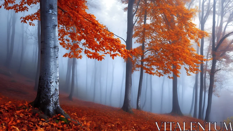 Autumn Forest in Mist: Vibrant Foliage Meets Fog.