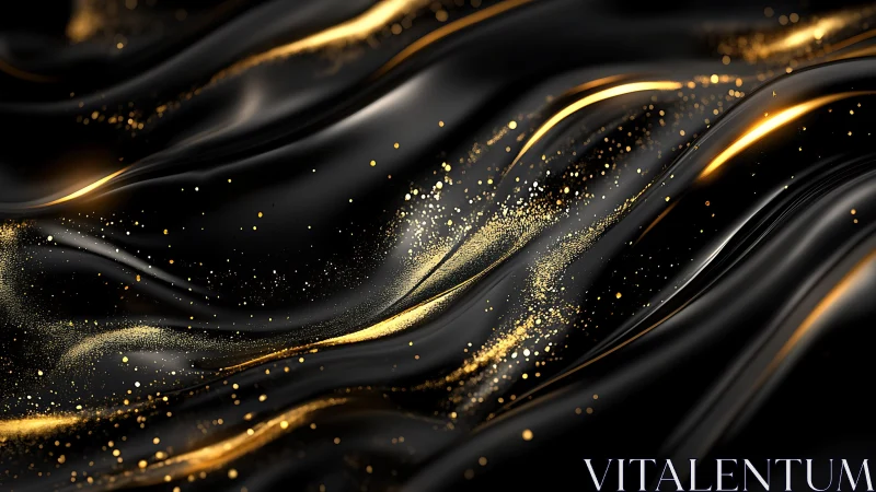 Luxurious Abstract Black Waves with Gold Glitter Accents.