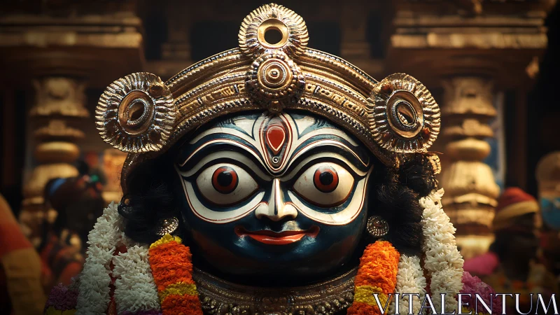 Ornate Hindu deity mask with garlands in temple interior