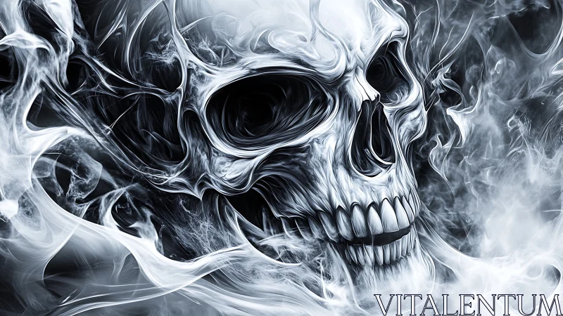 Digital skull illustration integrates smoke-like abstract forms