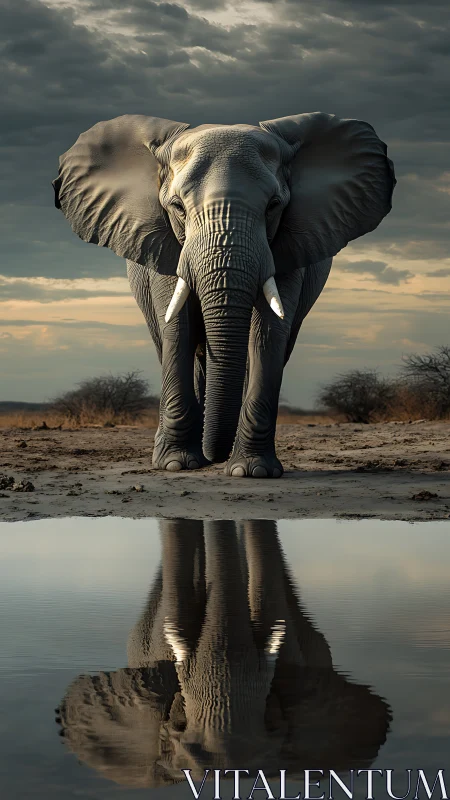 Elephant standing at waterhole with symmetrical reflection.