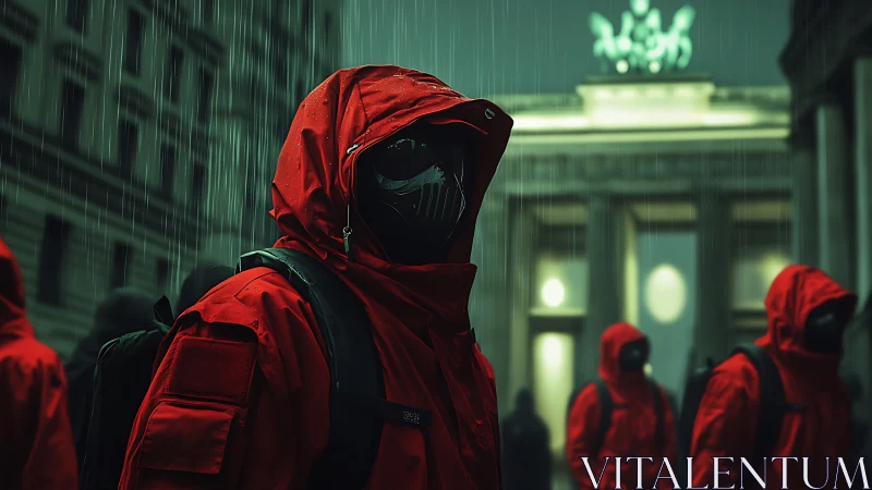 Masked figures in red hooded suits stand in rainy city