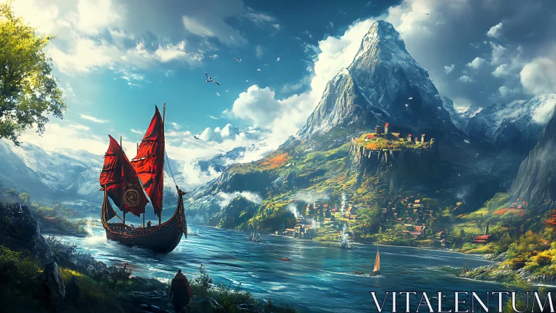 Viking longship with red sails approaches fortified mountain harbor