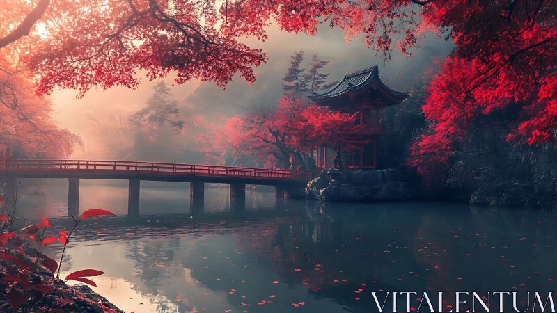 Autumn mist over Japanese bridge and lakeside pavilion.