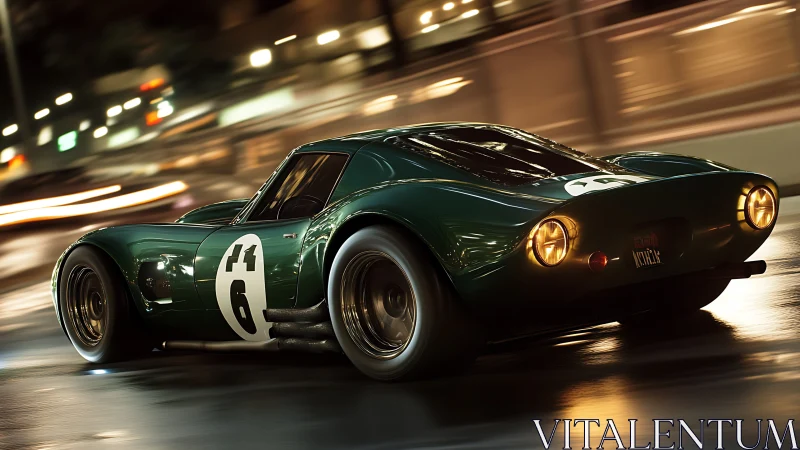 Vintage green race car powers through neon city night.