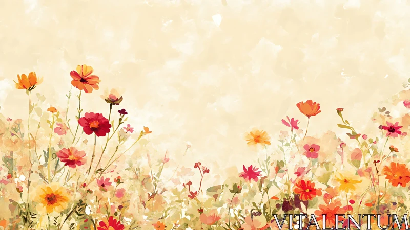 Watercolor flower field rendering with warm tones and soft edges.