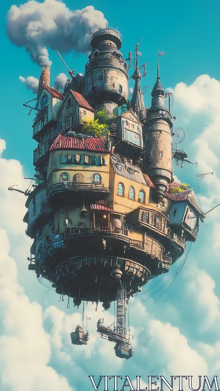 Whimsical floating steampunk home drifting through bright skies.
