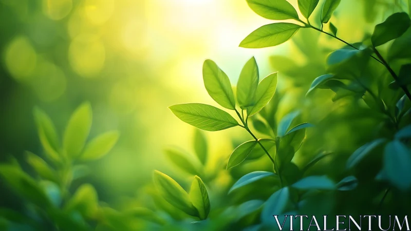 Sunlit Green Leaves in Gentle Bokeh Nature Background Photo.