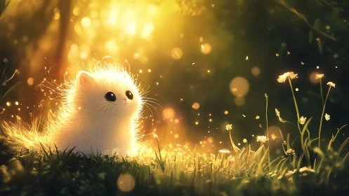 Small white kitten sits in backlit meadow under warm light