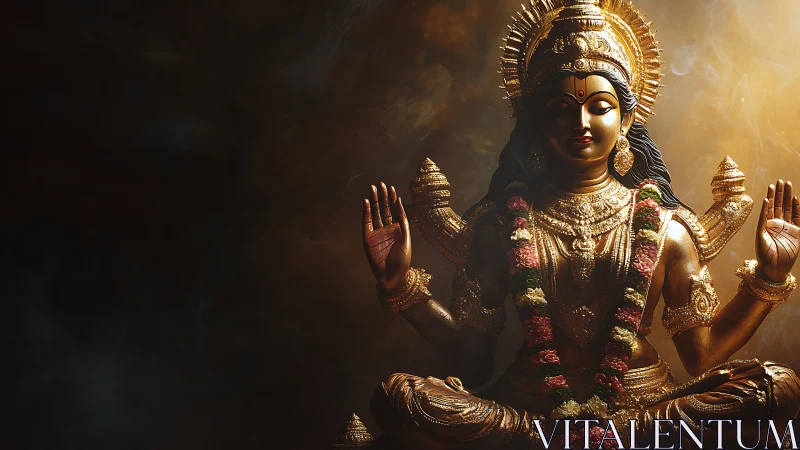 Golden Hindu goddess sculpture glows against dark negative space
