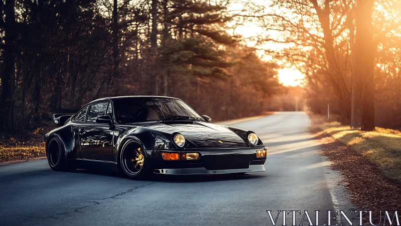 Black widebody sports coupe on empty forest road at sunset